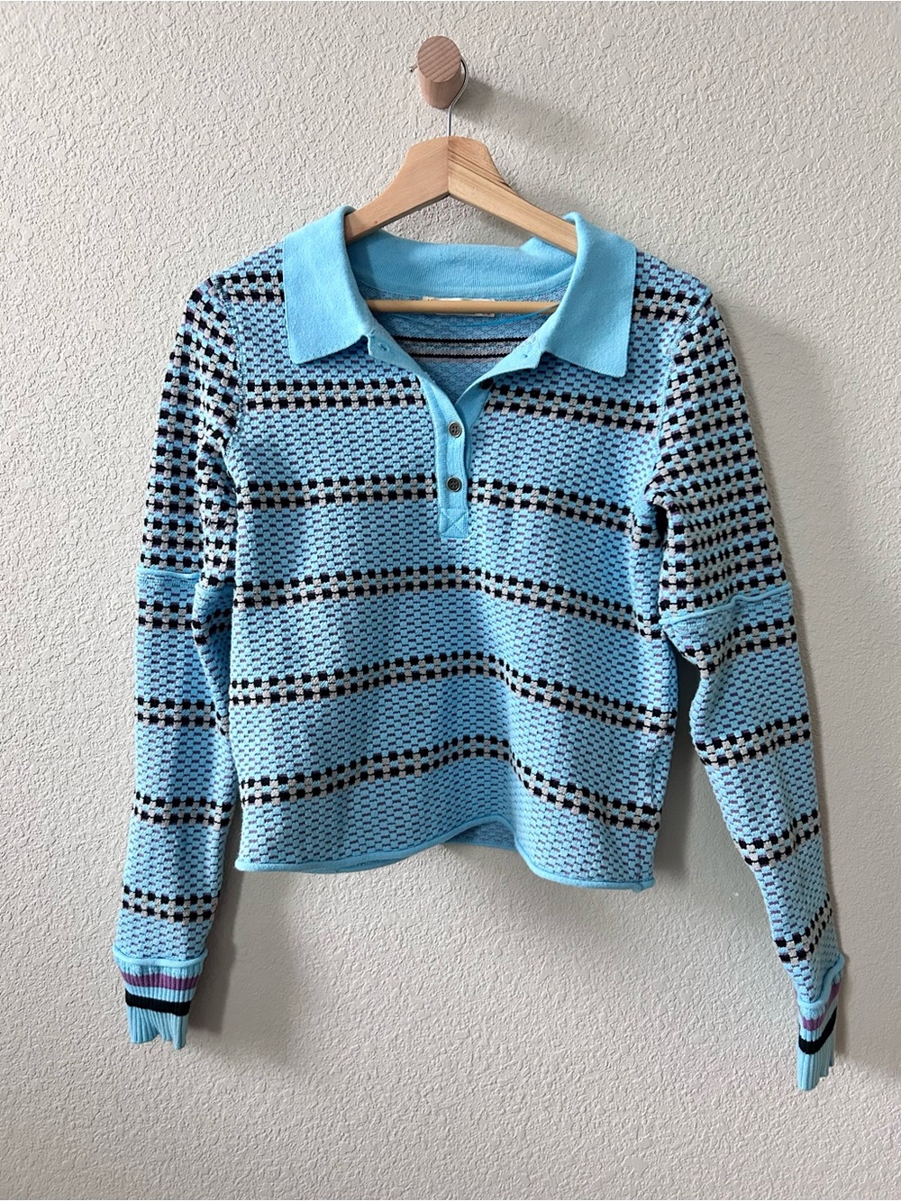 We The Free Level Up Polo Blue Knit Top Size Large Long Sleeve Collared